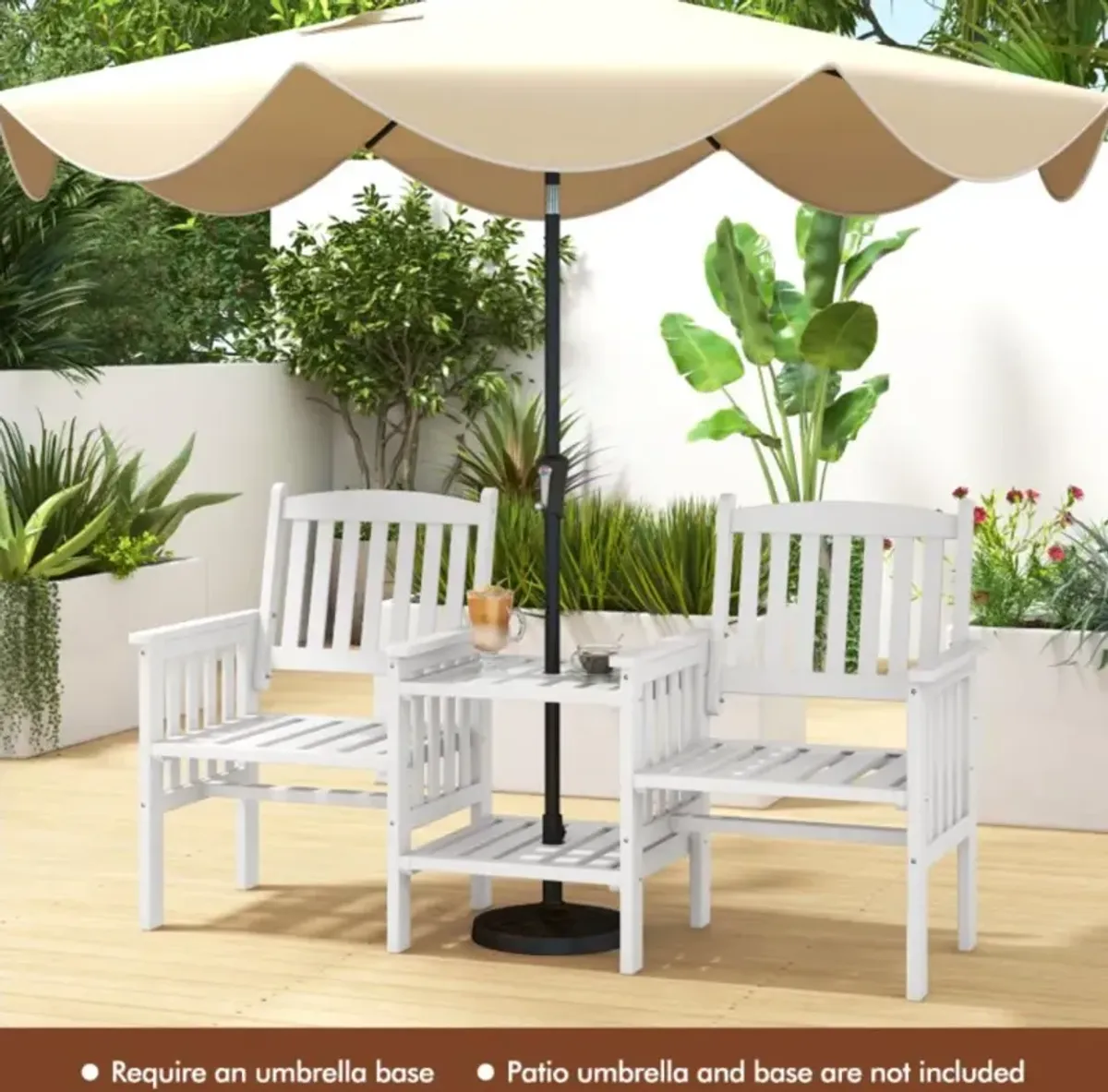 Hivvago Outdoor Fir Wood Loveseat with 2-Tier Side Table and 1.96" Umbrella Hole