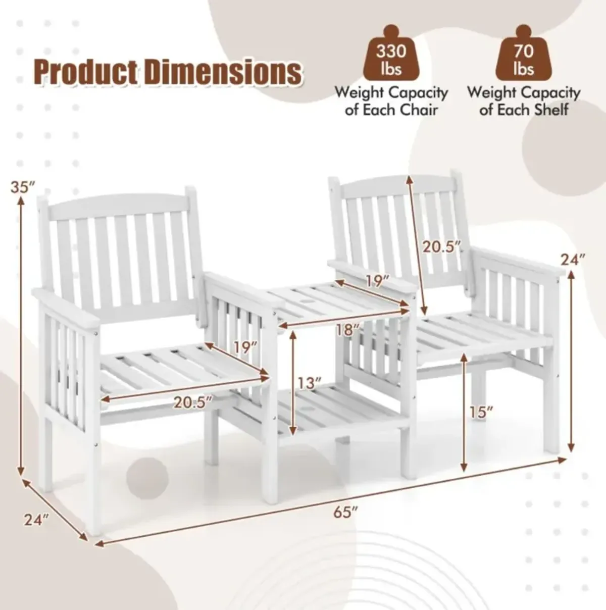 Hivvago Outdoor Fir Wood Loveseat with 2-Tier Side Table and 1.96" Umbrella Hole