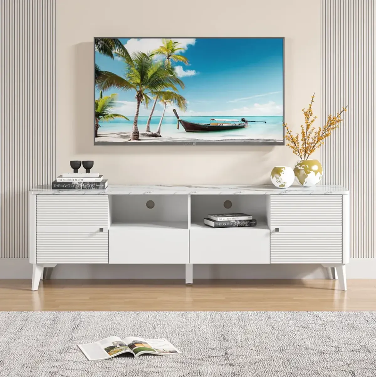 FESTIVO Stylish 70-Inch TV Stand with Marble-Printed Top