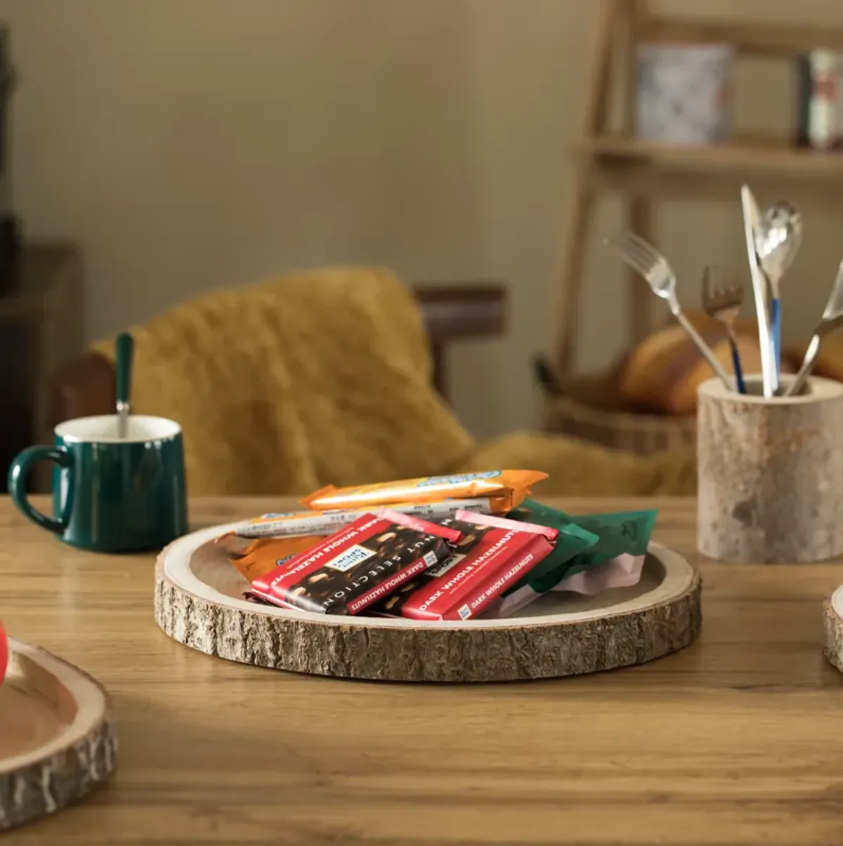 Natural Wooden Bark Round Slice 14 inch Tray, Rustic Table Charger Centerpiece