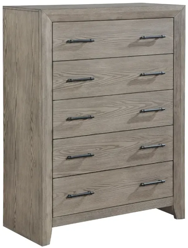 Laso Tall Dresser Chest, 5 Drawers w Metal Handles, Gray Acacia Wood - Benzara