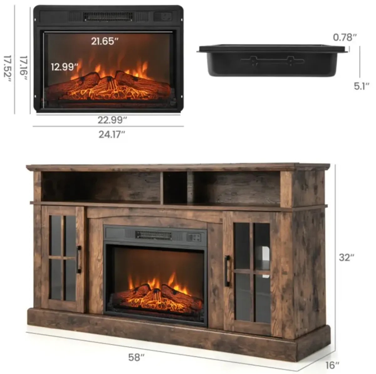 Hivvago Fireplace TV Stand for TVs Up to 65 Inch with Side Cabinets and Remote Control