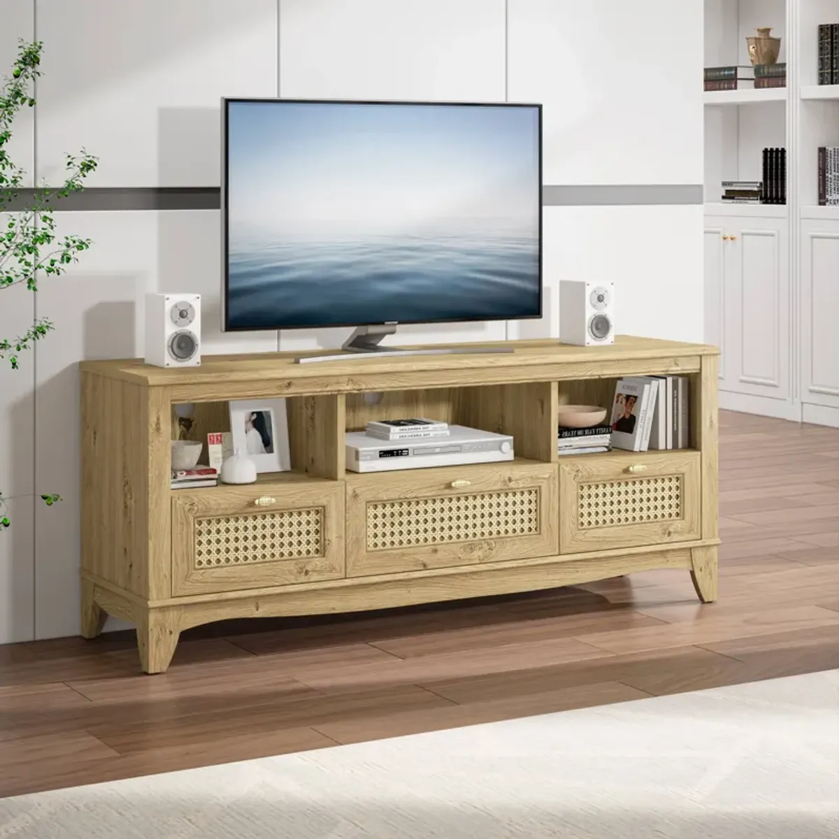 FESTIVO 55" TV Stand with Wicker Door Design for TVs up to 65"