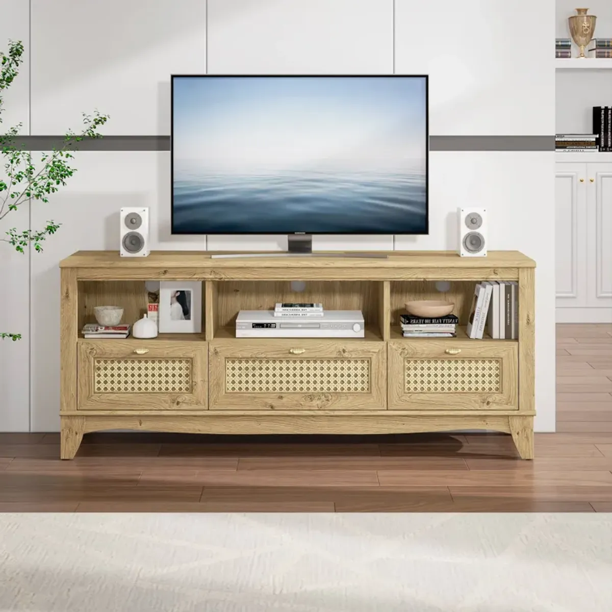 FESTIVO 55" TV Stand with Wicker Door Design for TVs up to 65"