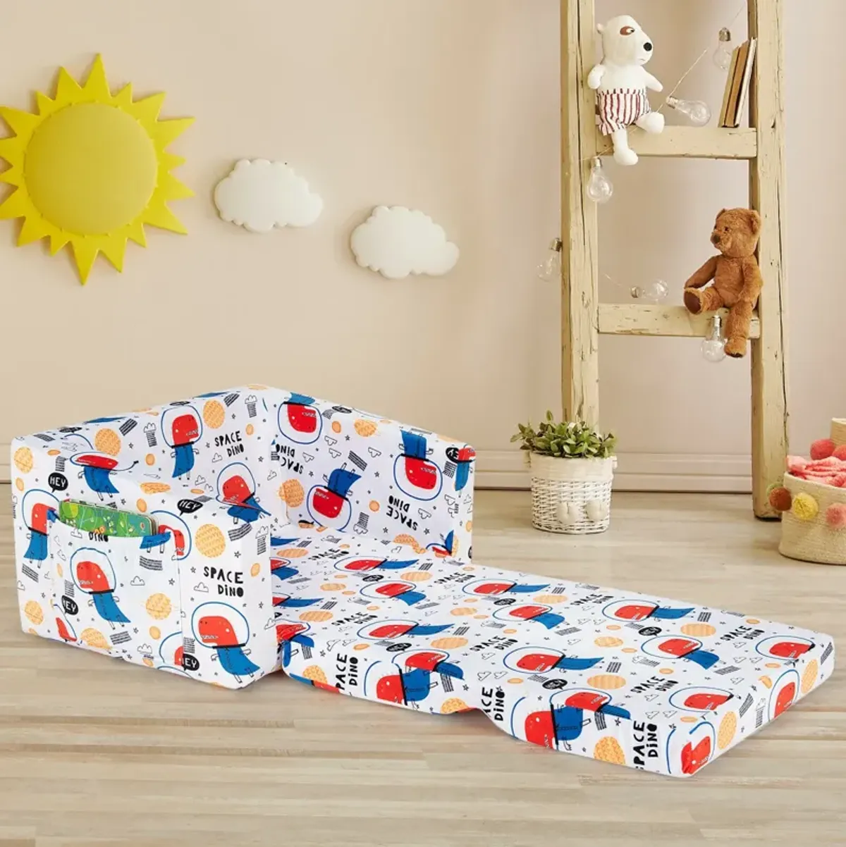 2-in-1 Convertible Kids Sofa with Velvet Fabric - Space Dino