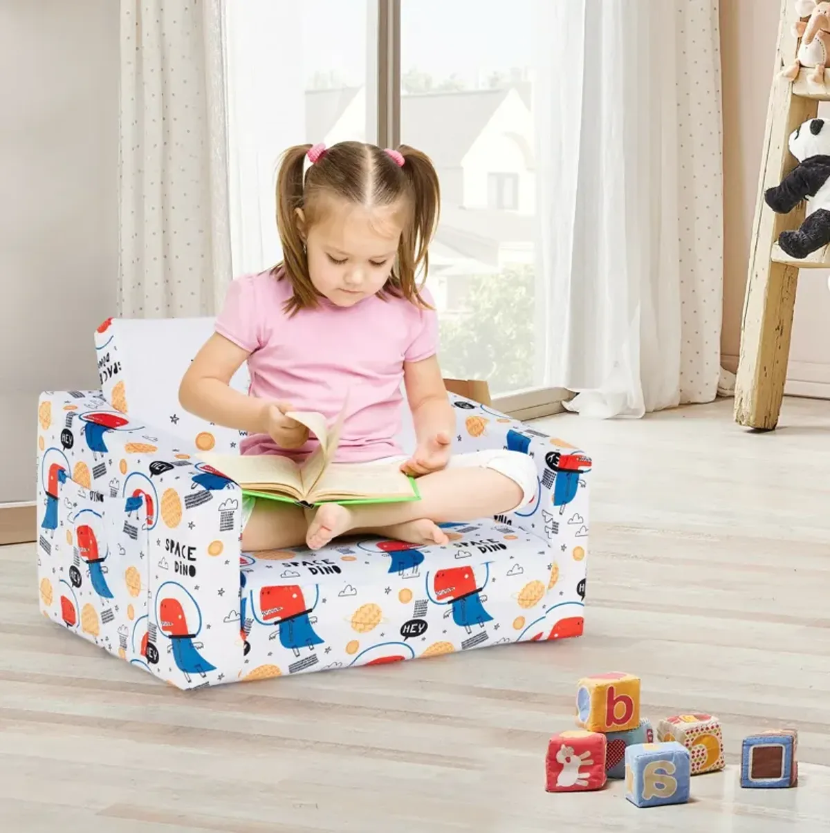 2-in-1 Convertible Kids Sofa with Velvet Fabric - Space Dino