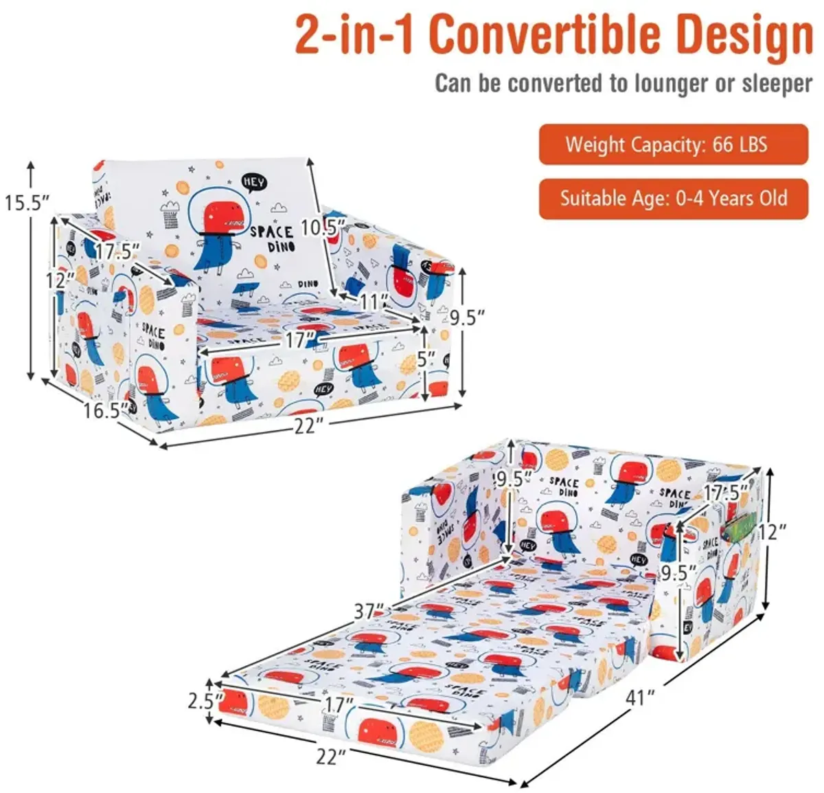 2-in-1 Convertible Kids Sofa with Velvet Fabric - Space Dino