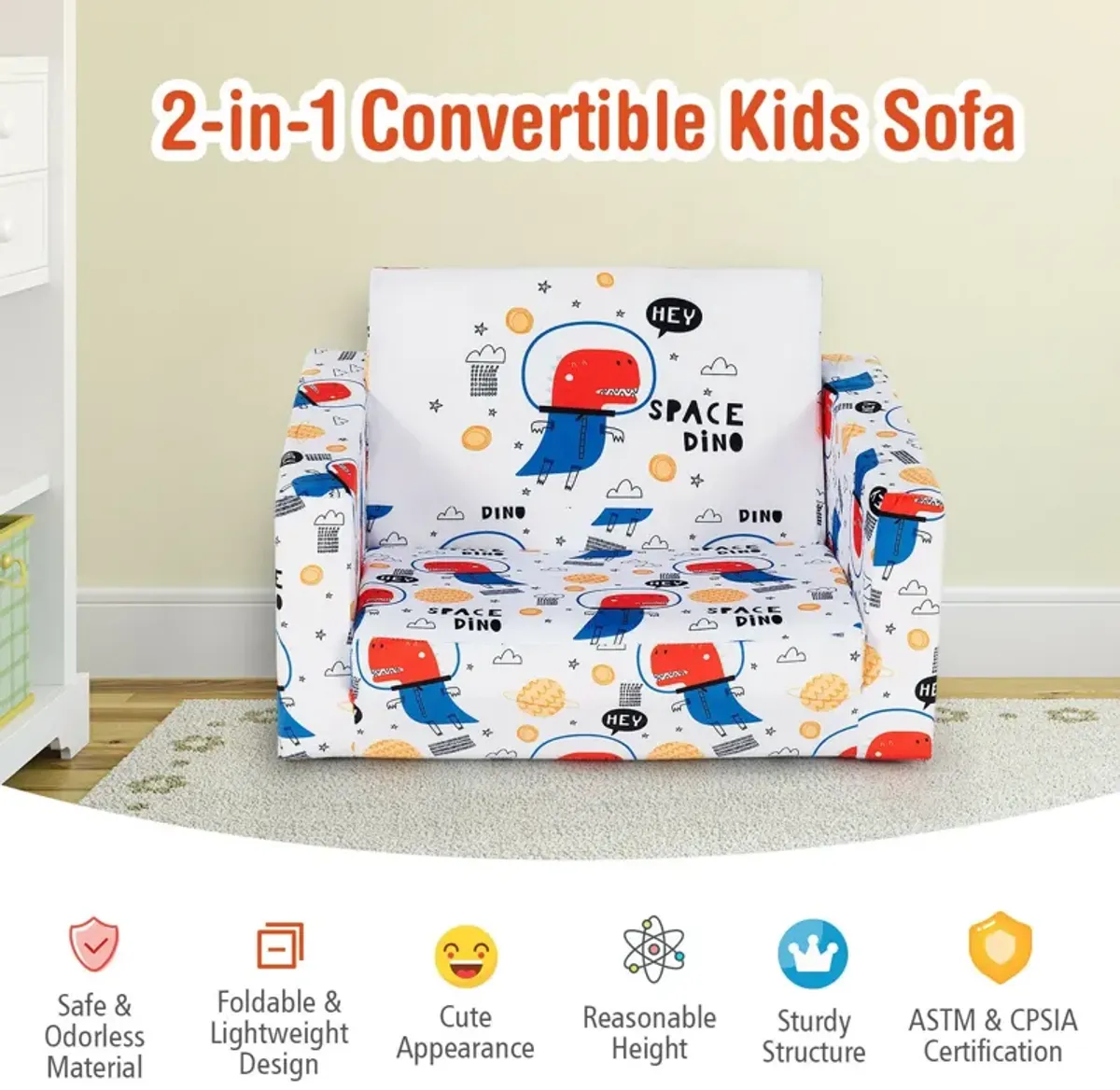 2-in-1 Convertible Kids Sofa with Velvet Fabric - Space Dino