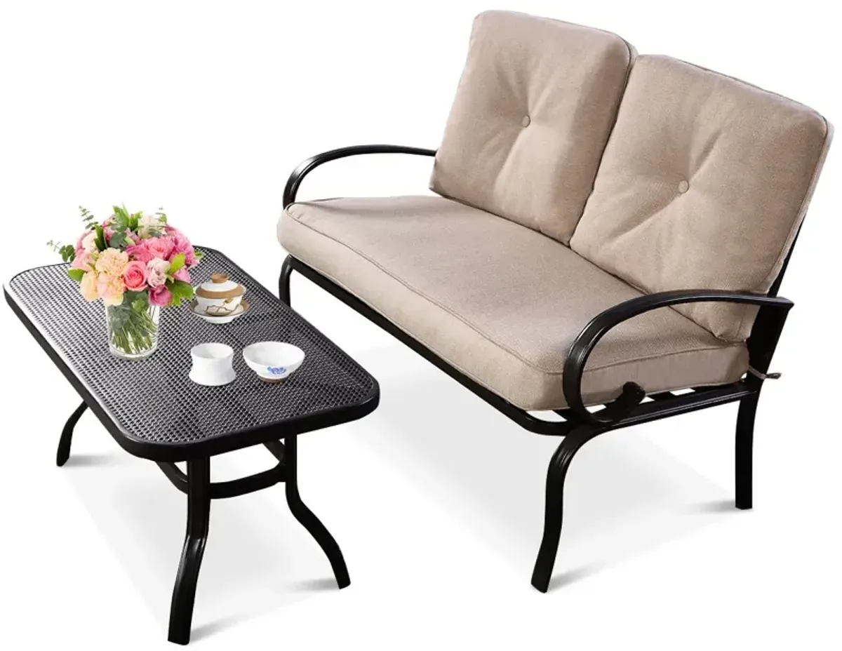 2 Pieces Patio Outdoor Cushioned Coffee Table Seat