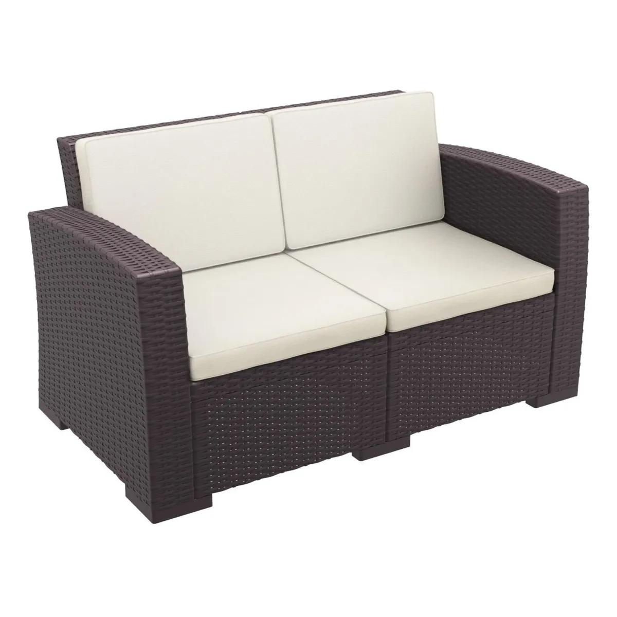 55" White Outdoor Patio Loveseat with Natural Beige Sunbrella Cushion