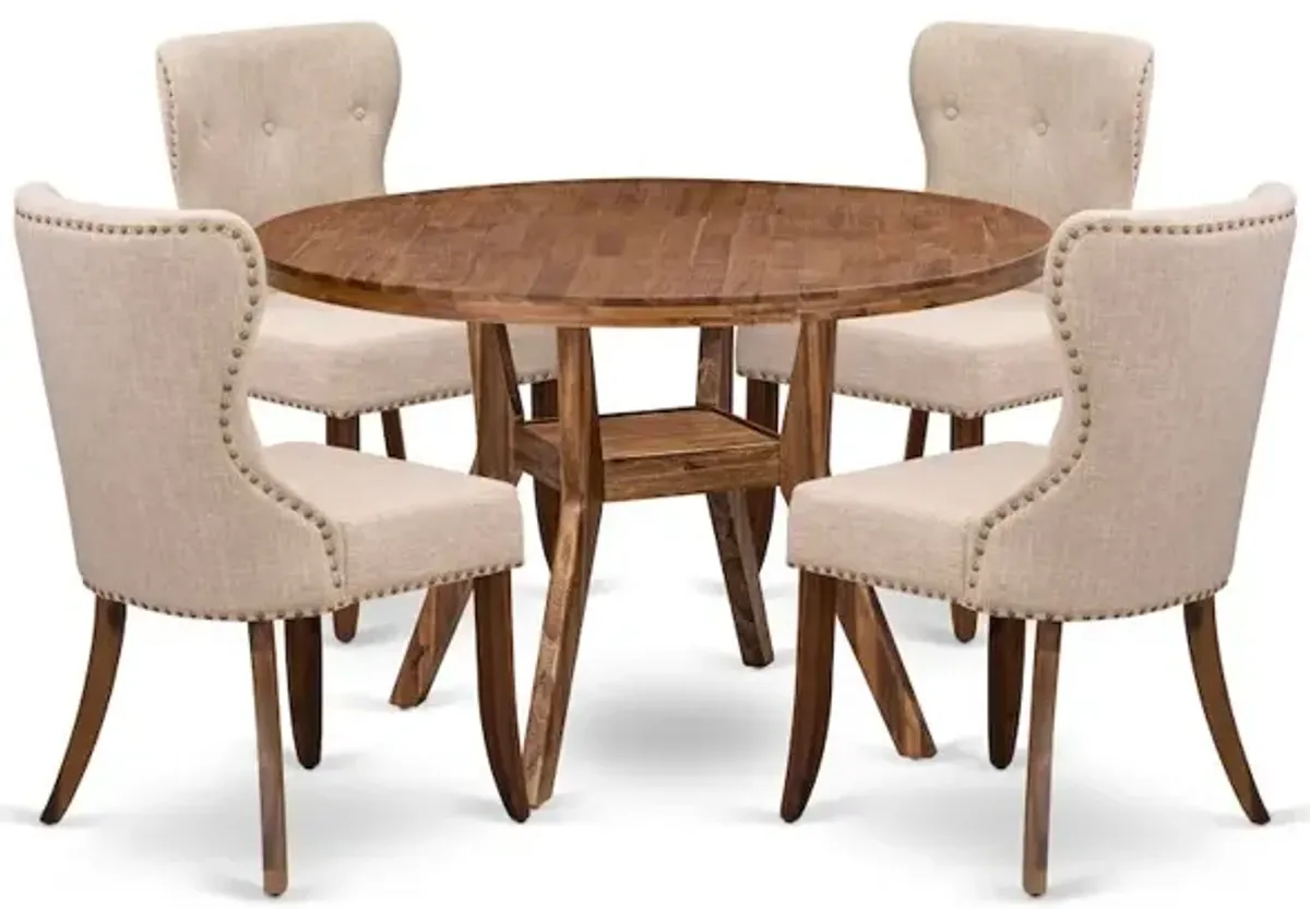5 Piece Dining Set Consists Of 48" Round Kitchen Table In Light Tan Color