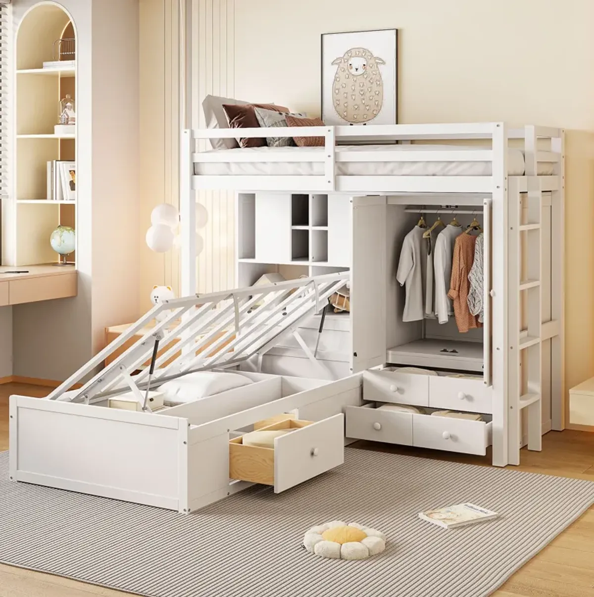 Merax Twin Bunk Bed with Wardrobe and Hydraulic Bed