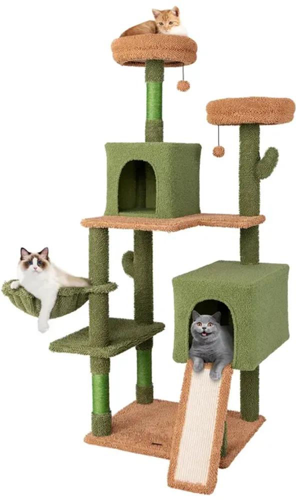 Multi-Level Cactus Cat Tree with Scratching Posts, Ladder, Double Condos, Toys, and Cozy Bed