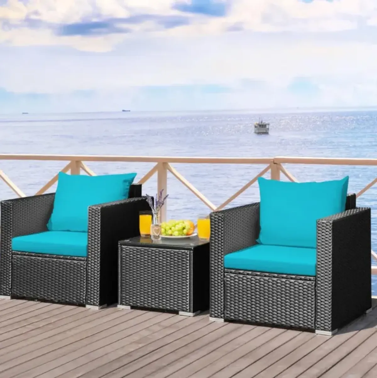 Hivvago 3 Pieces Patio Wicker Conversation Set with Cushion