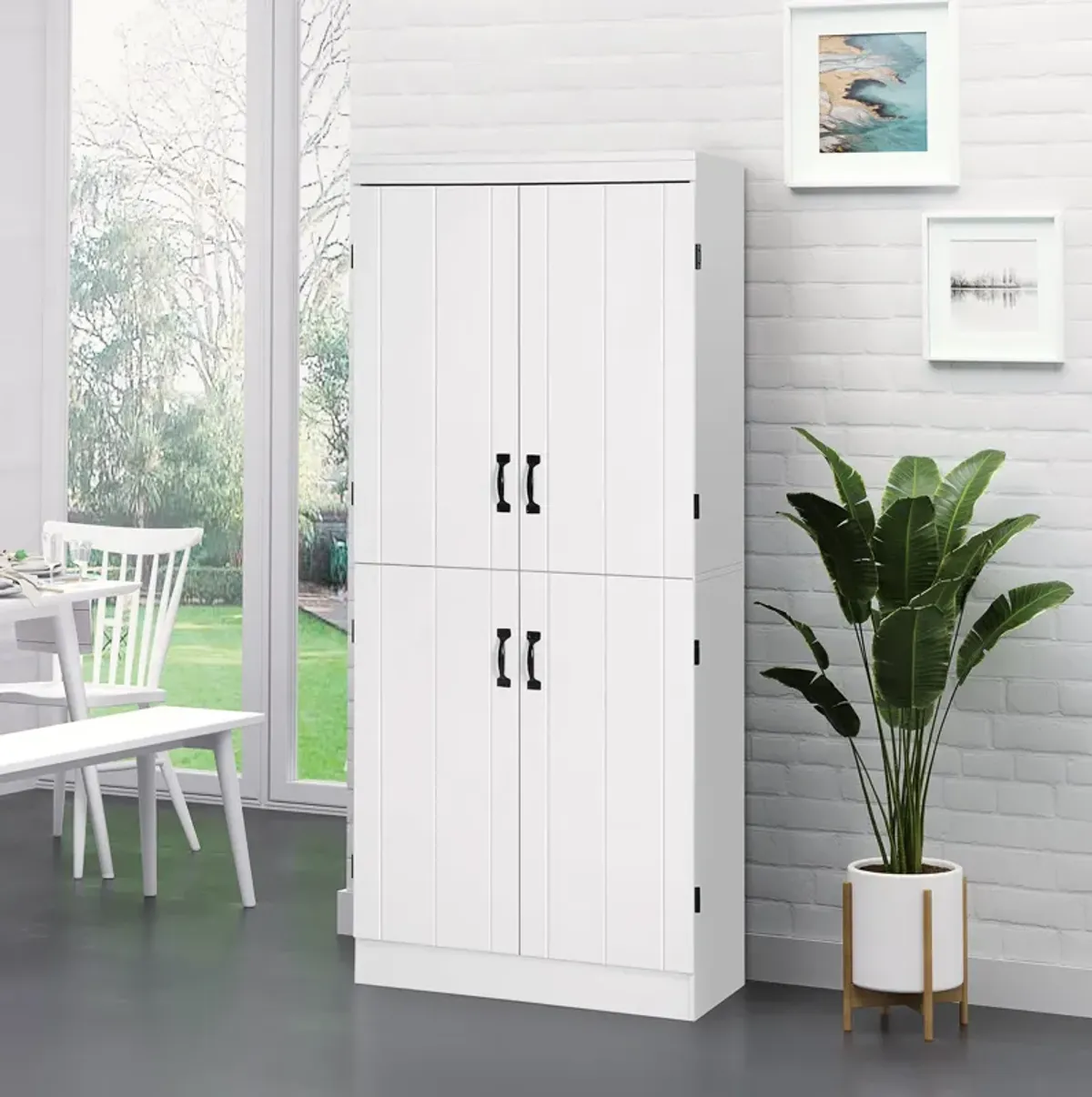 White Kitchen Tower: 70" 4-Door Pantry Cabinet with 6-Tier Shelving