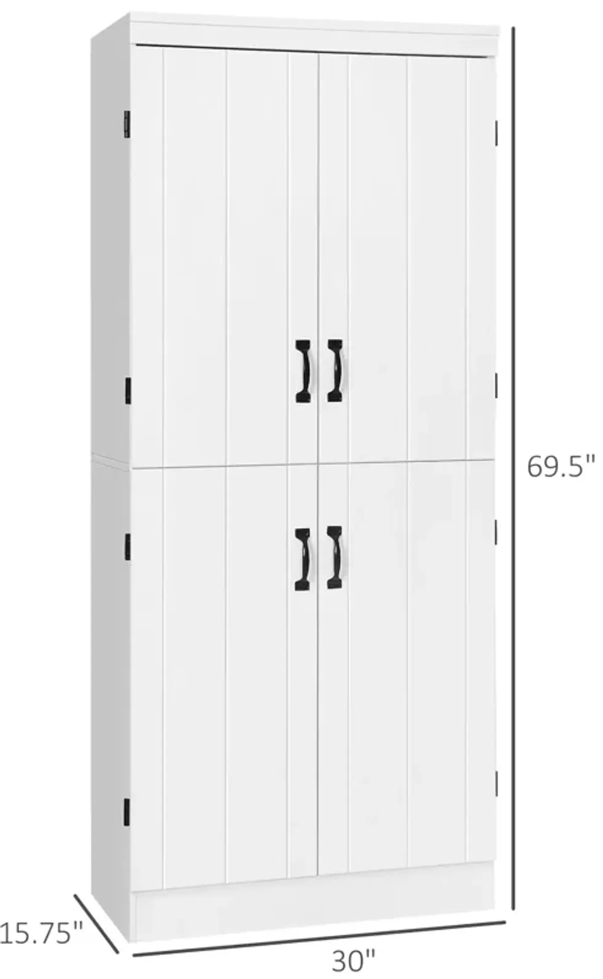 White Kitchen Tower: 70" 4-Door Pantry Cabinet with 6-Tier Shelving