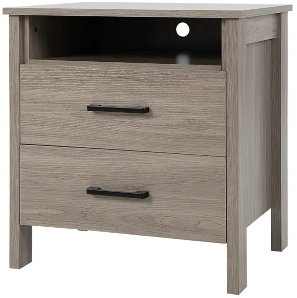 Modern Wood Grain Nightstand with Cable Hole and Open Compartment