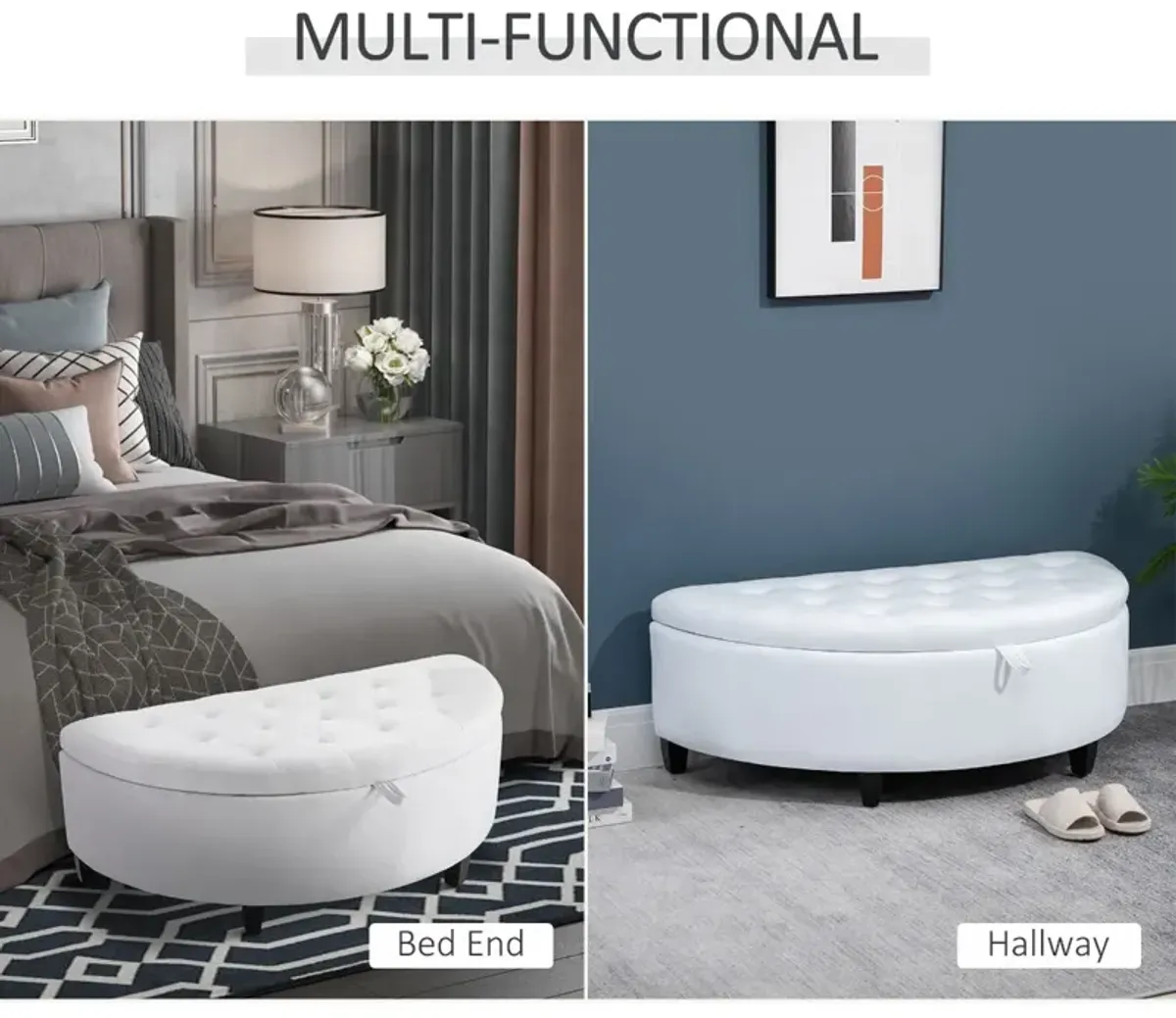 White Living Room Storage: Half Moon Ottoman Bench with Thick Pad