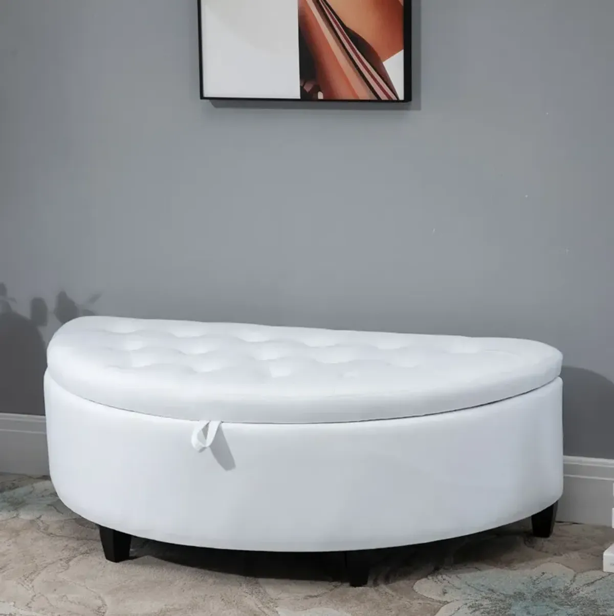 White Living Room Storage: Half Moon Ottoman Bench with Thick Pad