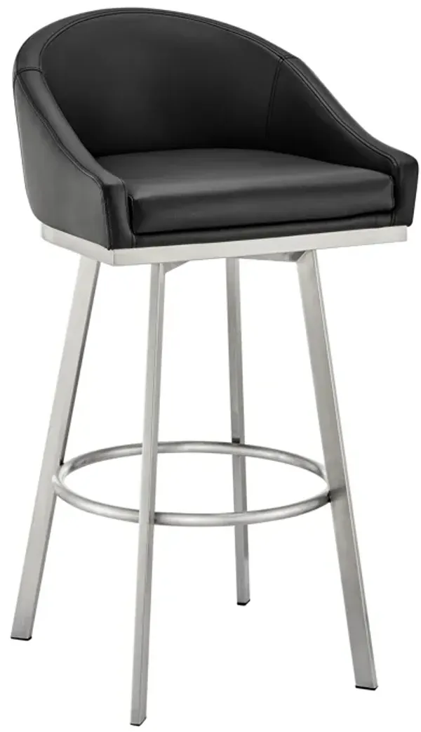 Noran Swivel Stool in Brushed Stainless Steel with Black Faux Leather