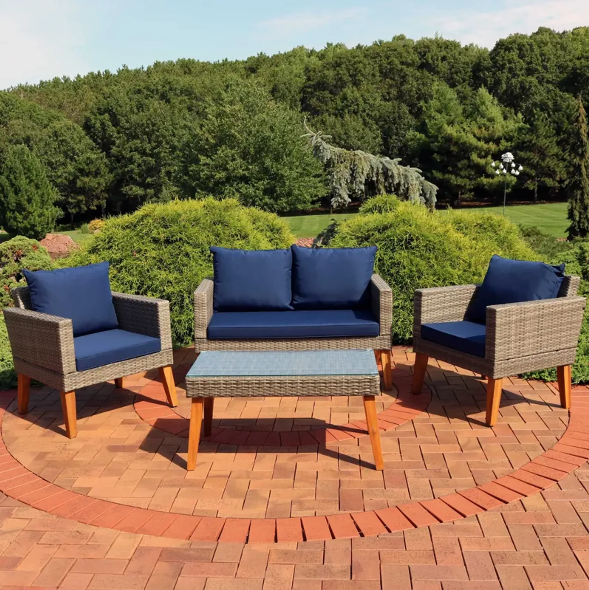 Sunnydaze Clifdon Rattan And Acacia 4 Piece Patio Conversation Set Blue ...