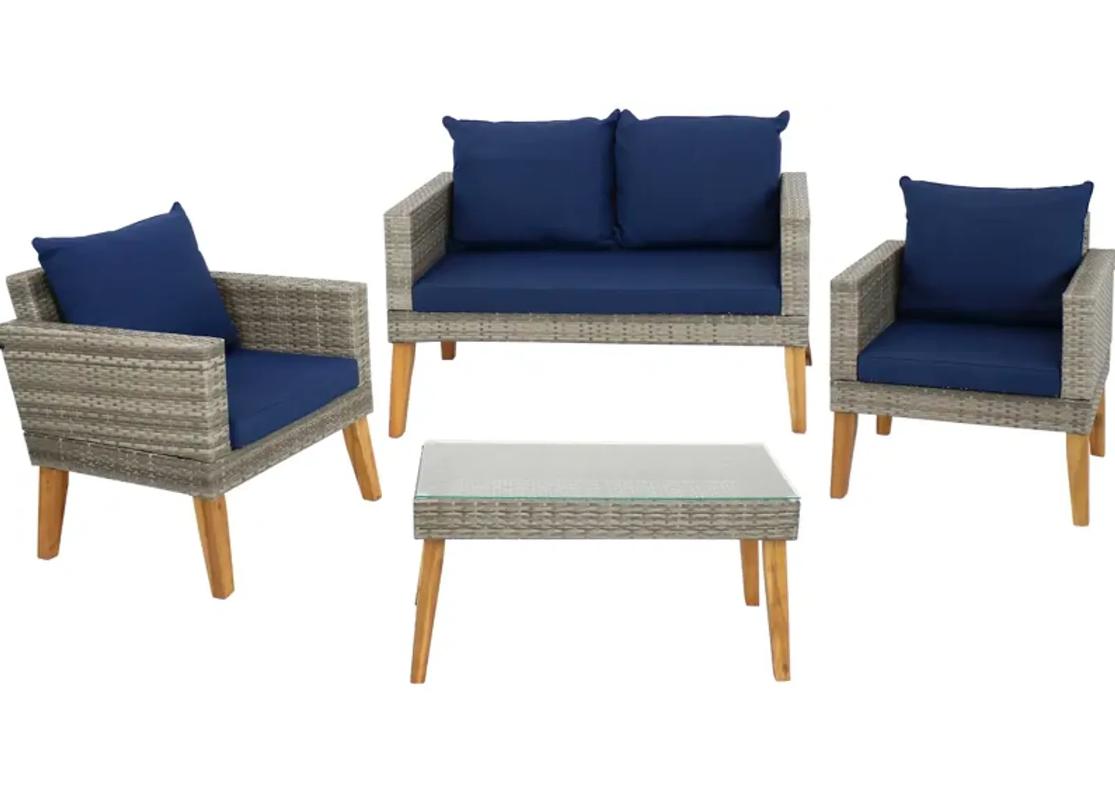 Sunnydaze Clifdon Rattan and Acacia 4-Piece Patio Conversation Set - Blue