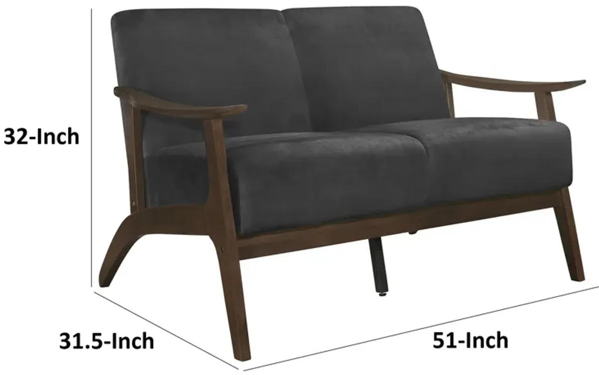 Rica 51 Inch Loveseat, Curved, Dark Gray Velvet, Walnut Brown Solid Wood - Benzara