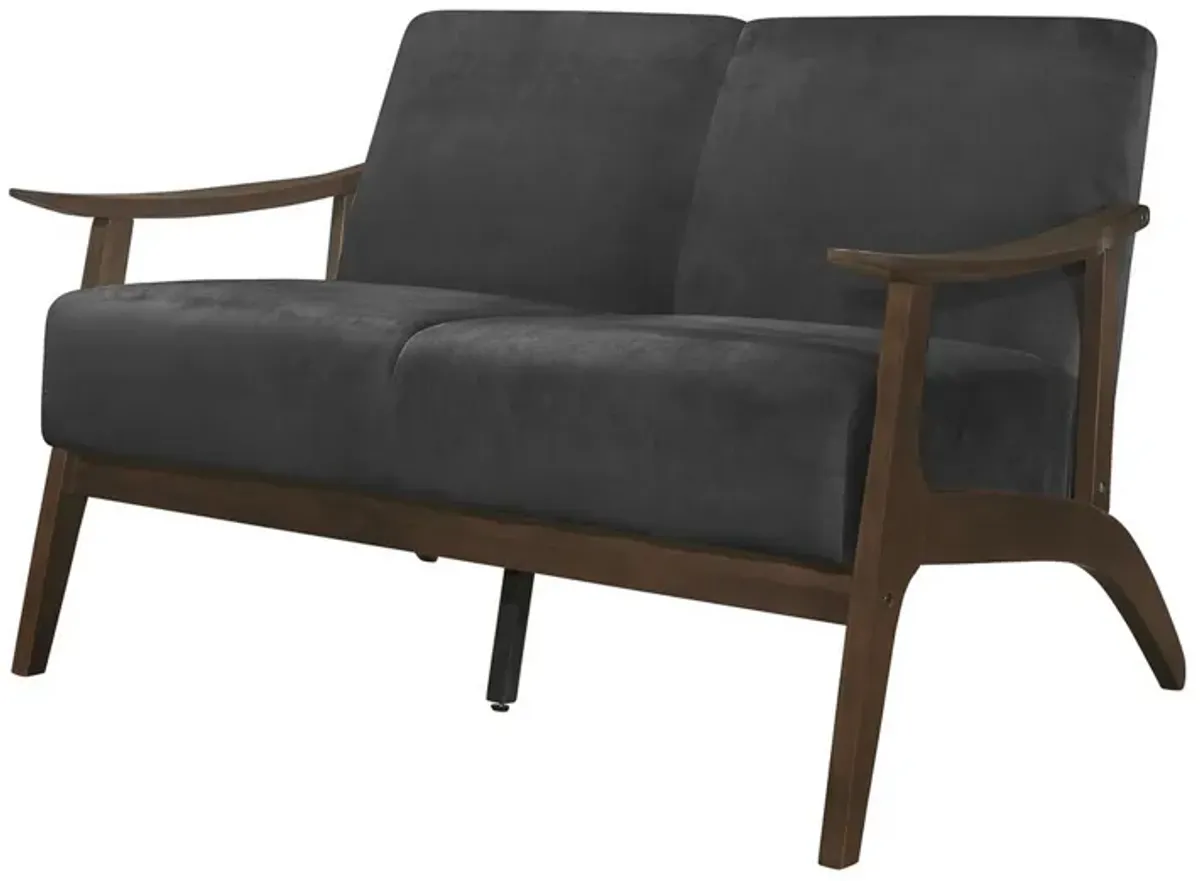 Rica 51 Inch Loveseat, Curved, Dark Gray Velvet, Walnut Brown Solid Wood - Benzara