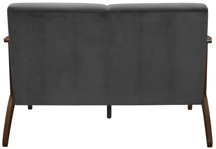 Rica 51 Inch Loveseat, Curved, Dark Gray Velvet, Walnut Brown Solid Wood - Benzara