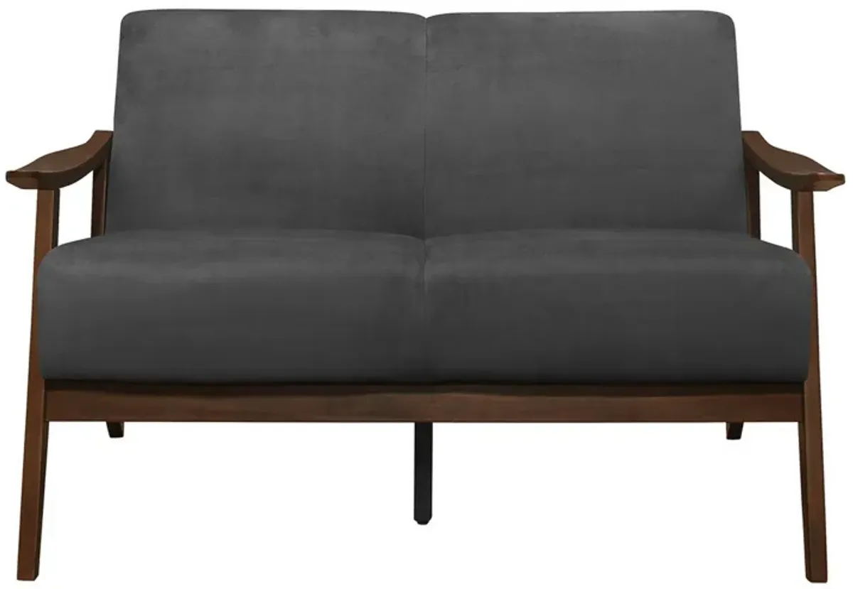 Rica 51 Inch Loveseat, Curved, Dark Gray Velvet, Walnut Brown Solid Wood - Benzara