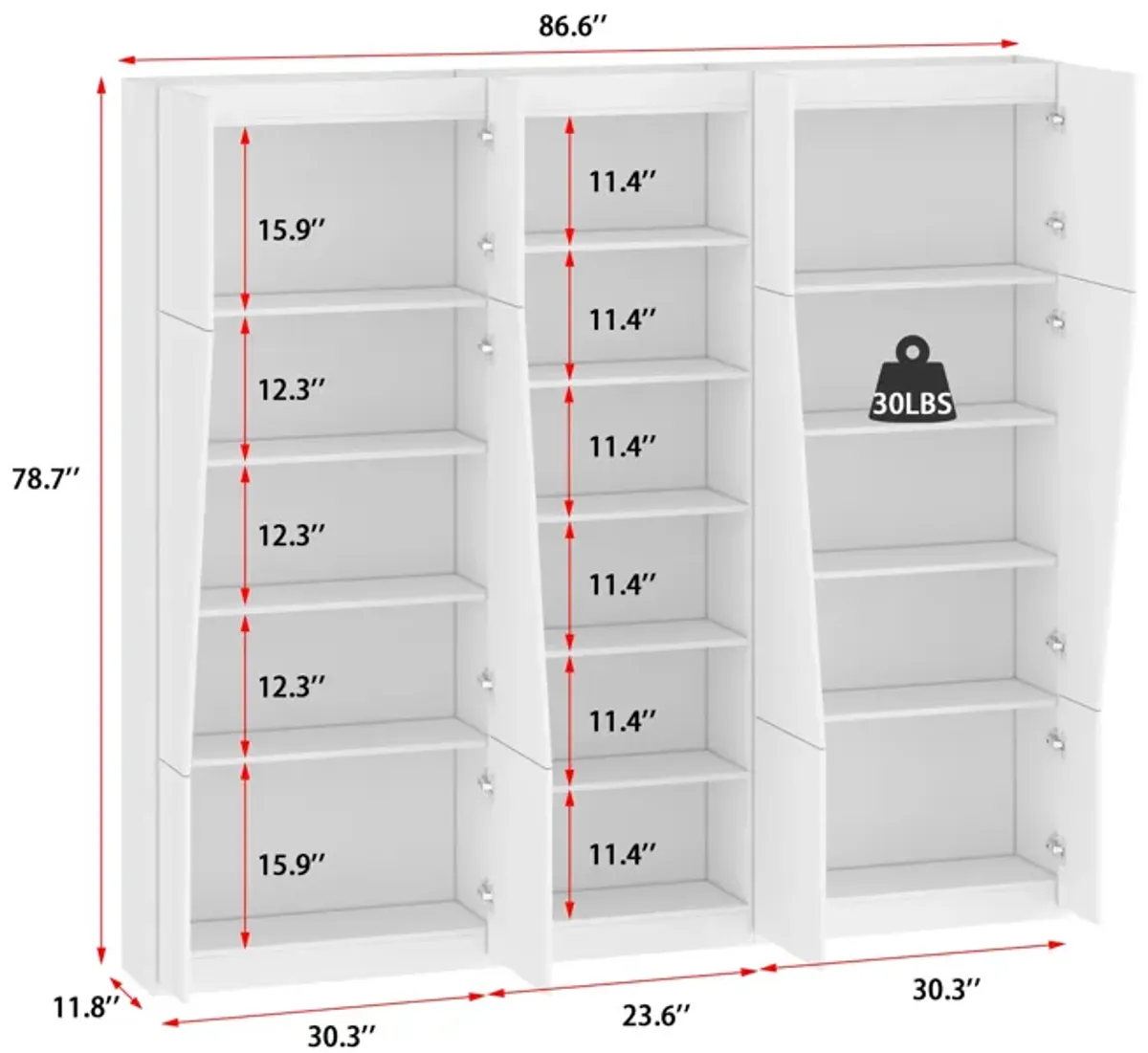 Vertical File Cabinet, 5-Tier Modern Bookcase, Wood Filing Cabinet with Open Storage Shelf, Glass Doors and Fixed Storage Shelves for Home Office, White