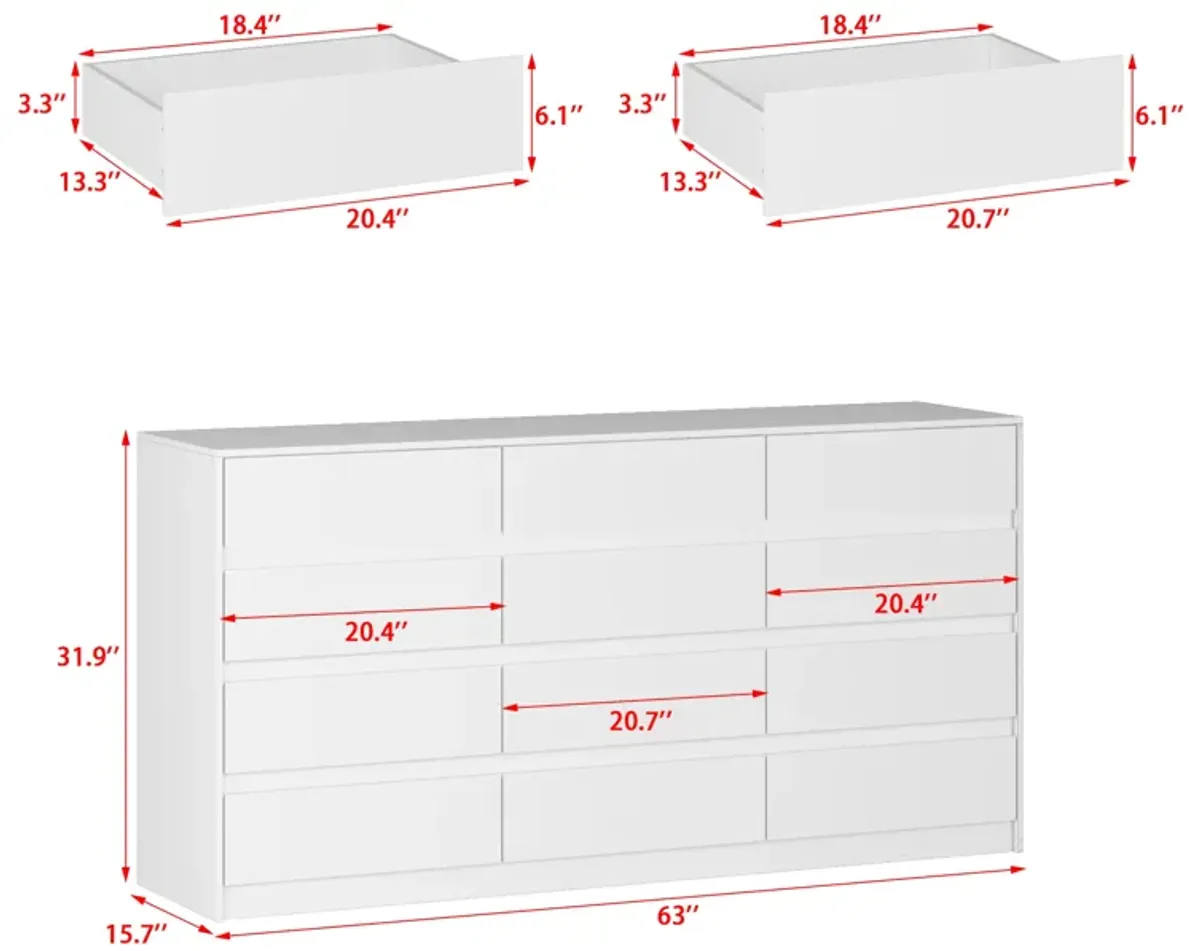 FUFU&GAGA Modern 12-Drawer Dresser with Ample Storage and Sleek Design for Bedroom (63" W x 31.9" H x 15.7" D) White