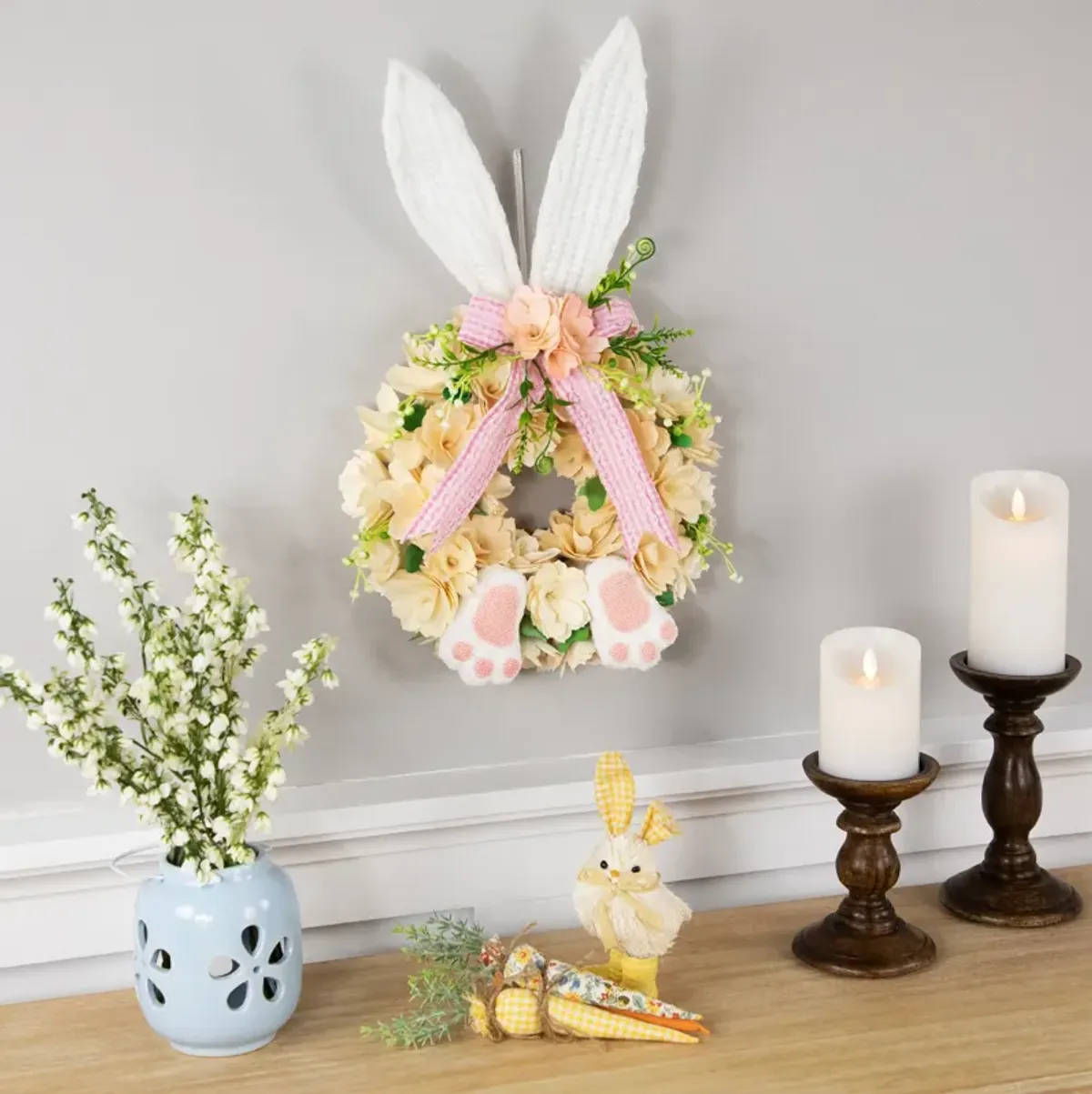 Wooden Floral Artificial Easter Wreath with Rabbit Ears and Paws - 18"