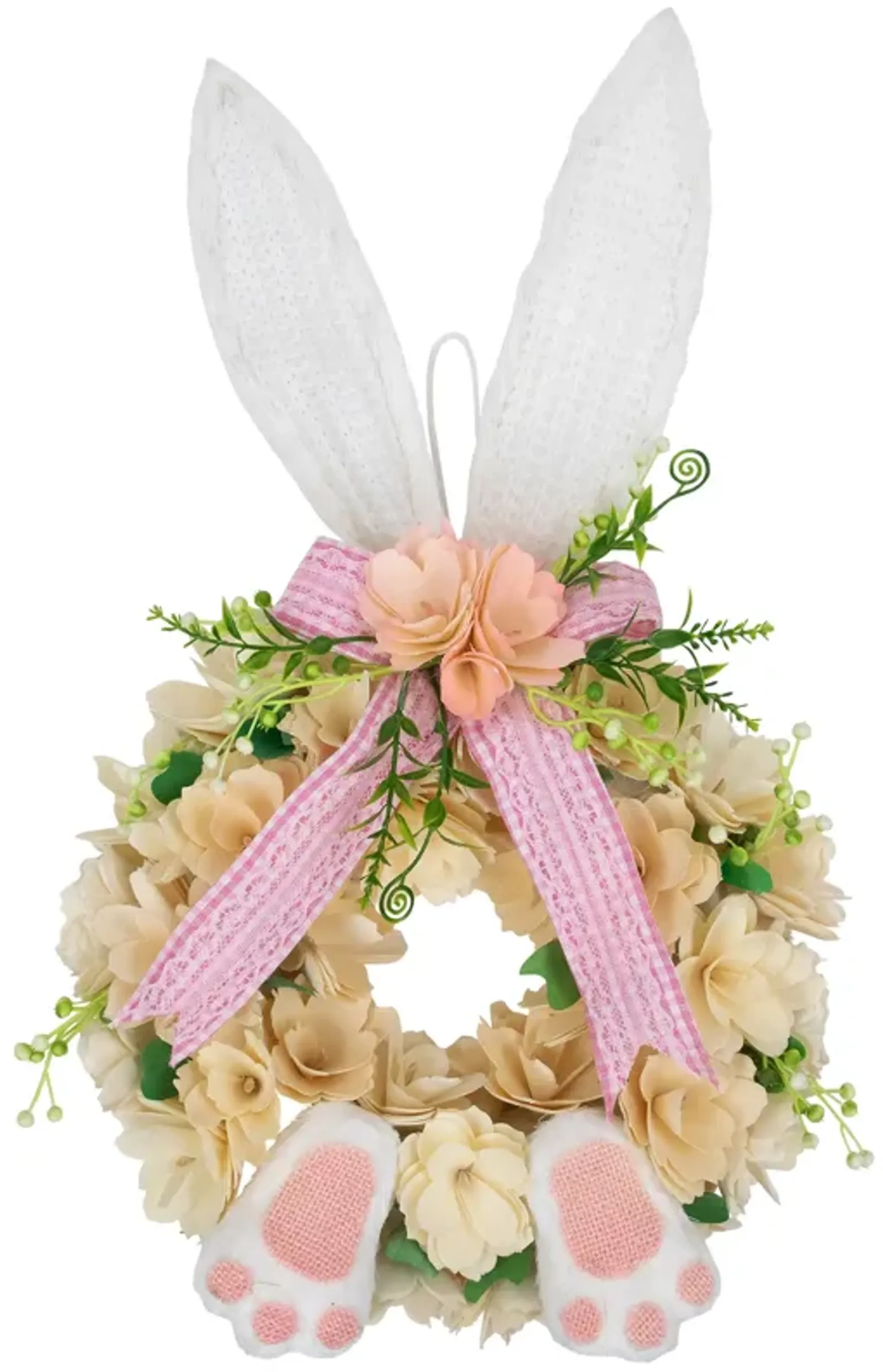 Wooden Floral Artificial Easter Wreath with Rabbit Ears and Paws - 18"