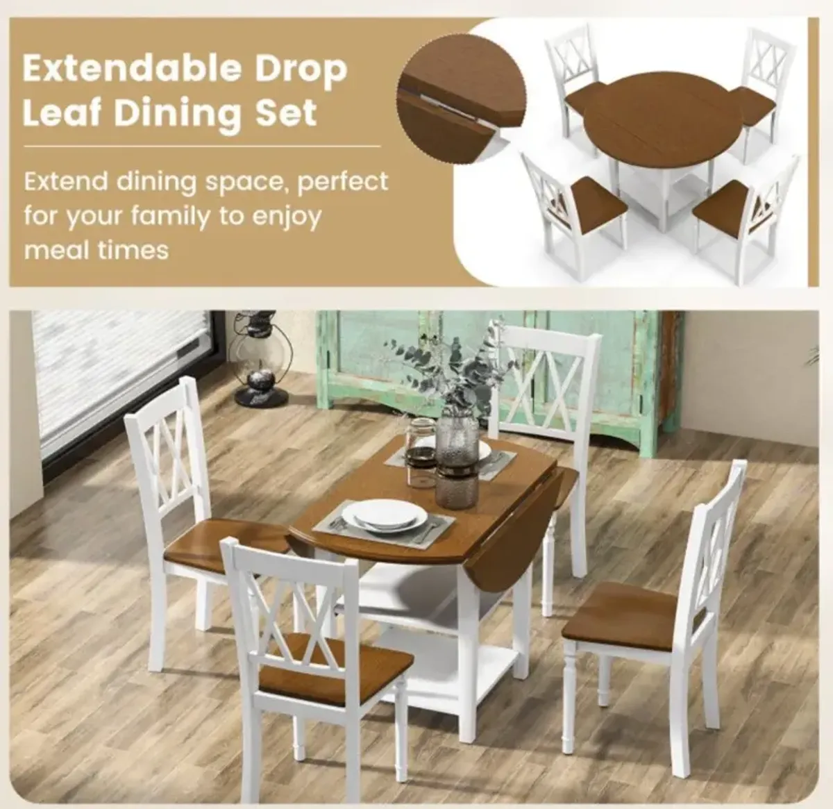 Hivvago 5 Piece Round Kitchen Dining Set with Drop Leaf Table Top