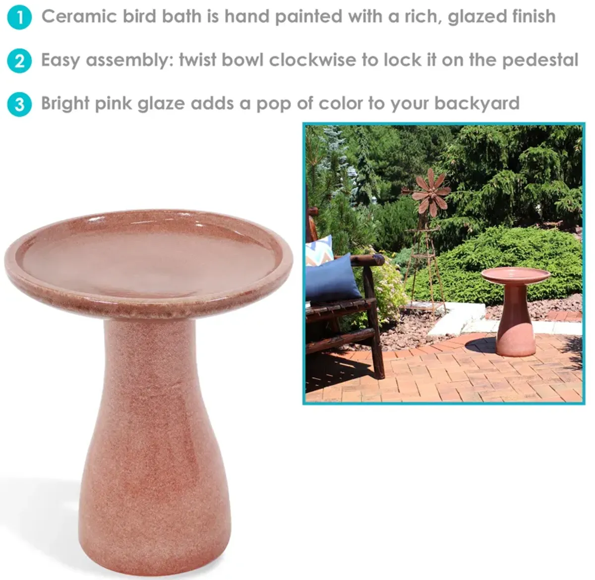 Sunnydaze Outdoor Glazed Ceramic Bird Bath - 20.5 in