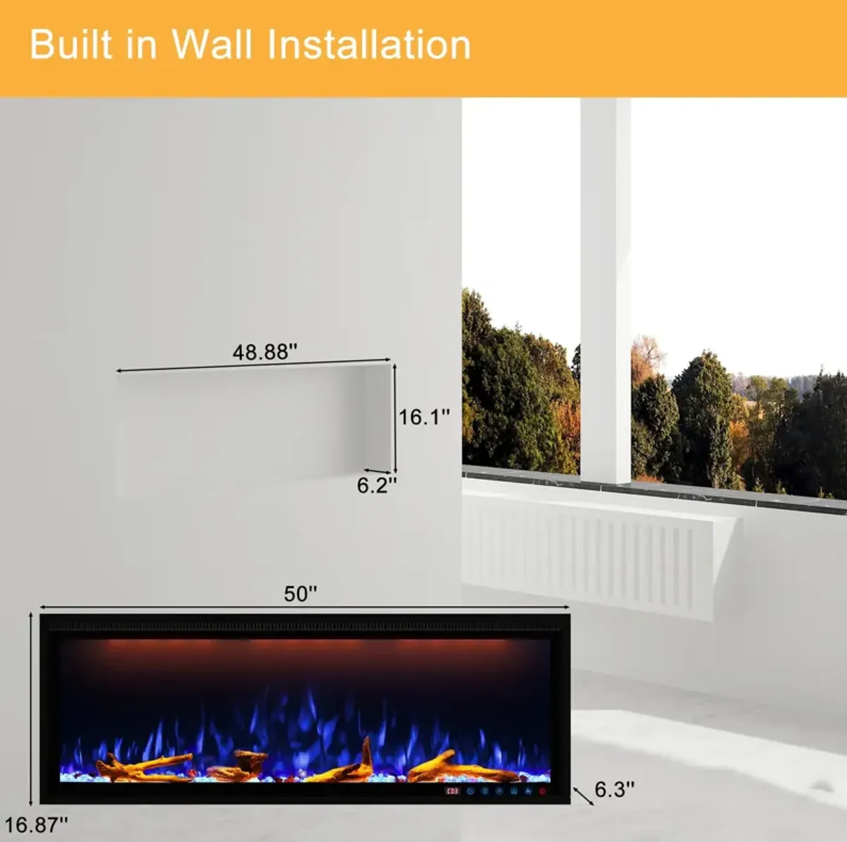 MONDAWE 50" Wall Mounted Embedded Electric Fireplace, 60Hz, 110-120 Volt, 1500W, With Overheat Protection Device