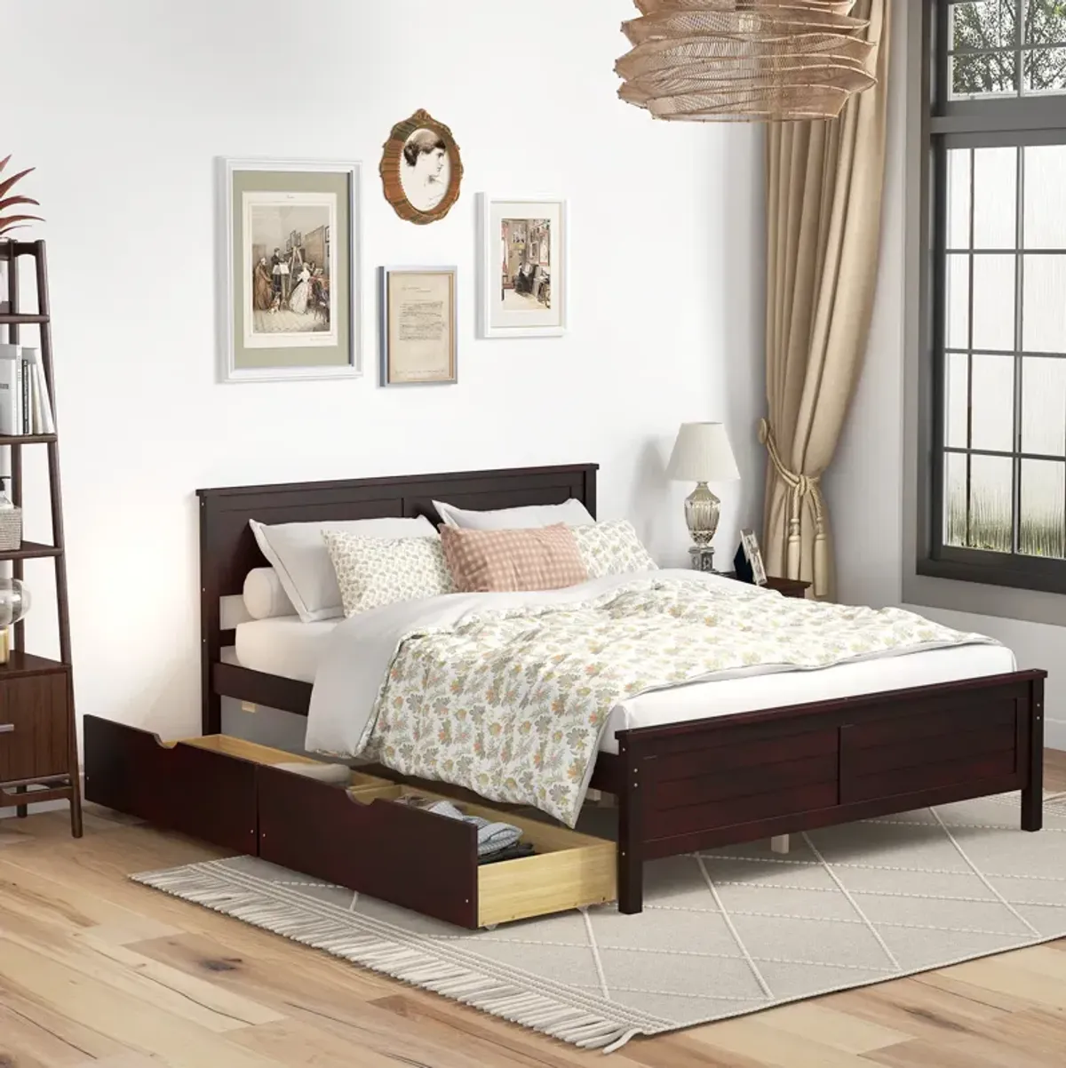 Full Size Bed Frame with Storage Drawers and Solid Wood Headboard