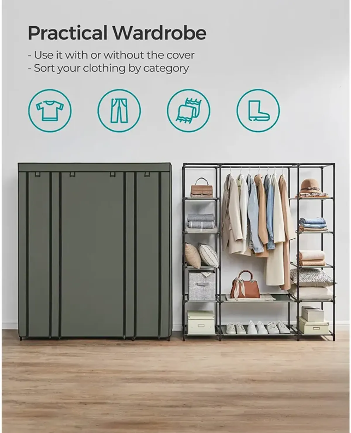 Portable Clothes Storage Solution with Shelves & Hanging Rail