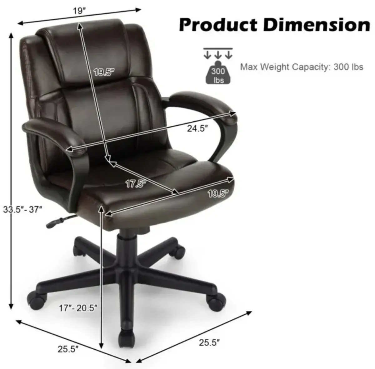 Adjustable Leather Executive Office Chair Computer Desk Chair with Armrest