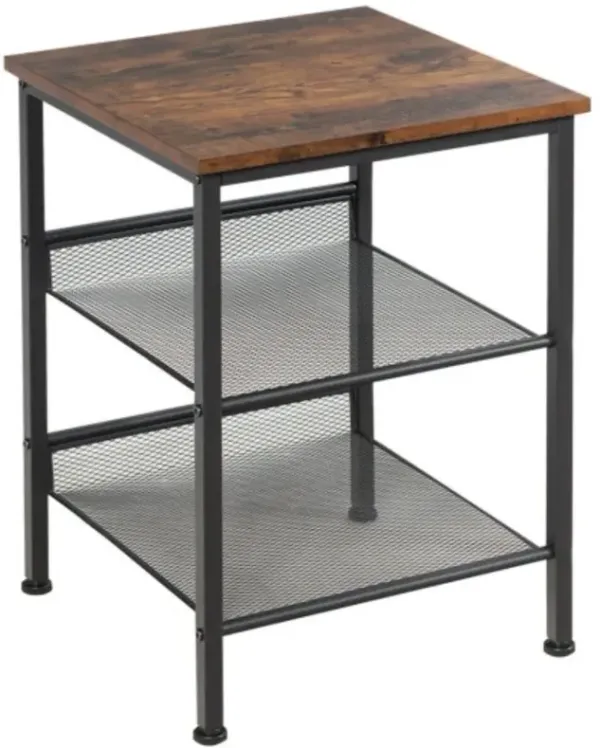 3-Tier Industrial End Table with Mesh Shelves and Adjustable Shelves