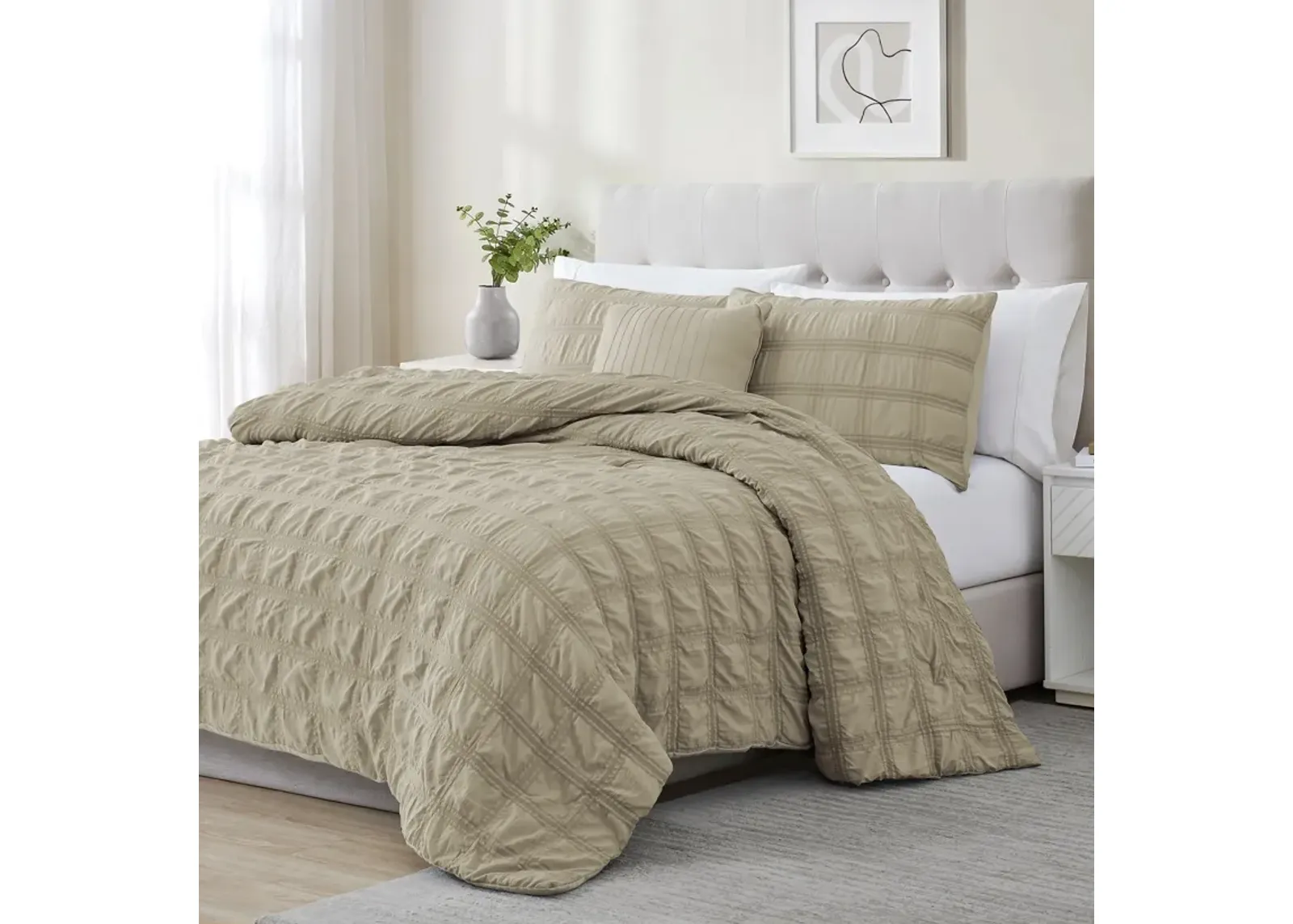 Ramallah Eliza Seersucker Comforter Set - 4-Piece - Queen 86x86", Tan