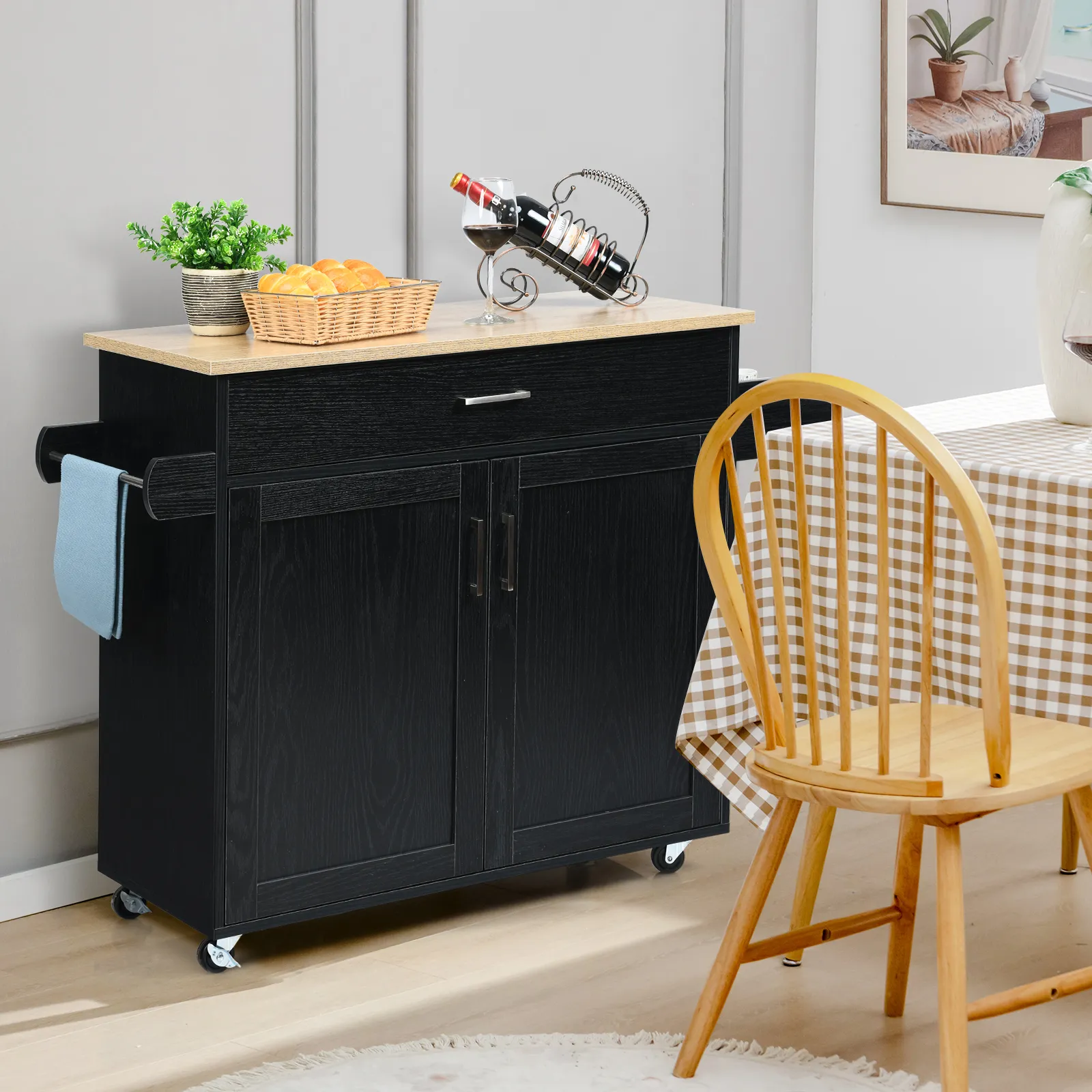 Rolling Kitchen Island Cart with Towel and Spice Rack