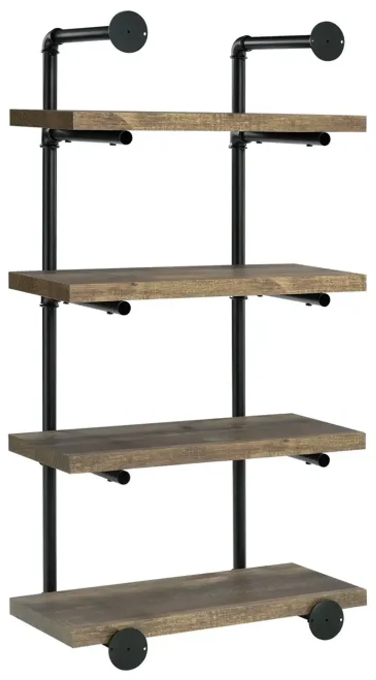 Wall Shelf with 4 Shelves and Piped Metal Frame, Brown and Black-Benzara