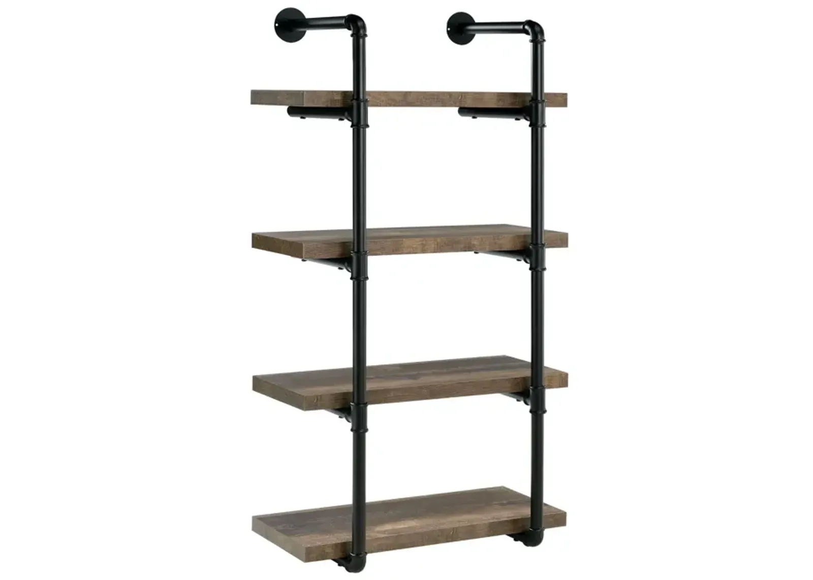 Wall Shelf with 4 Shelves and Piped Metal Frame, Brown and Black-Benzara