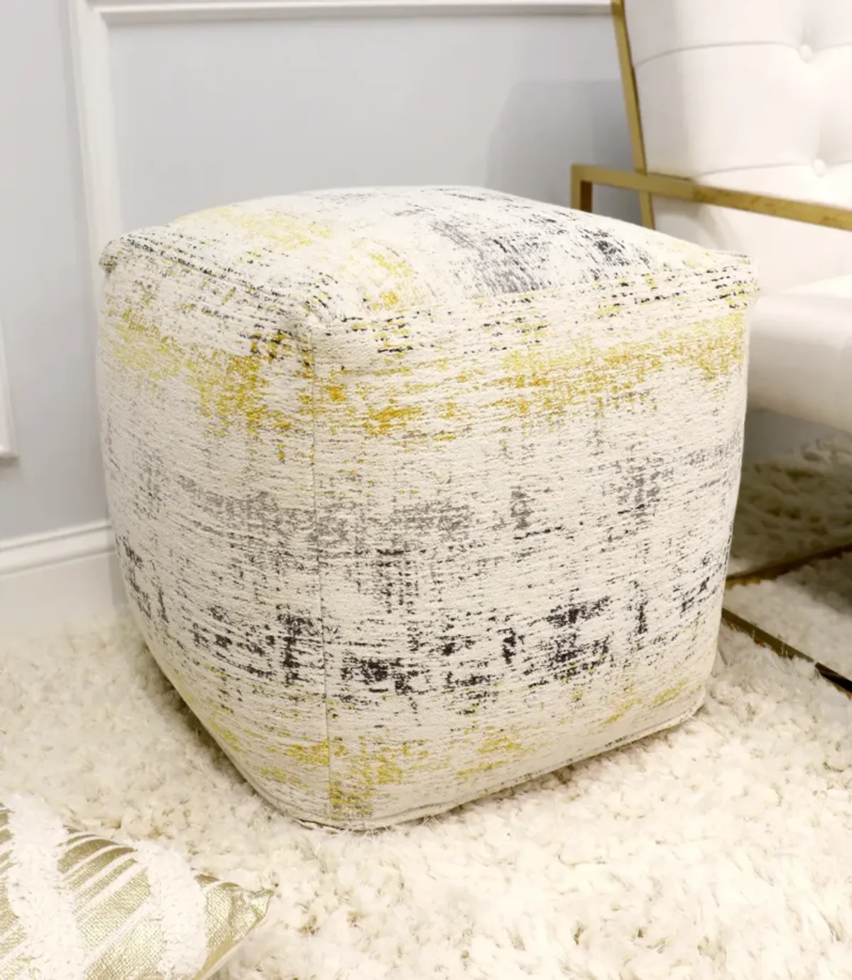 Pasargad Home Grandcanyon Jacquard Woven Cotton Poufs, Ivory/Gold