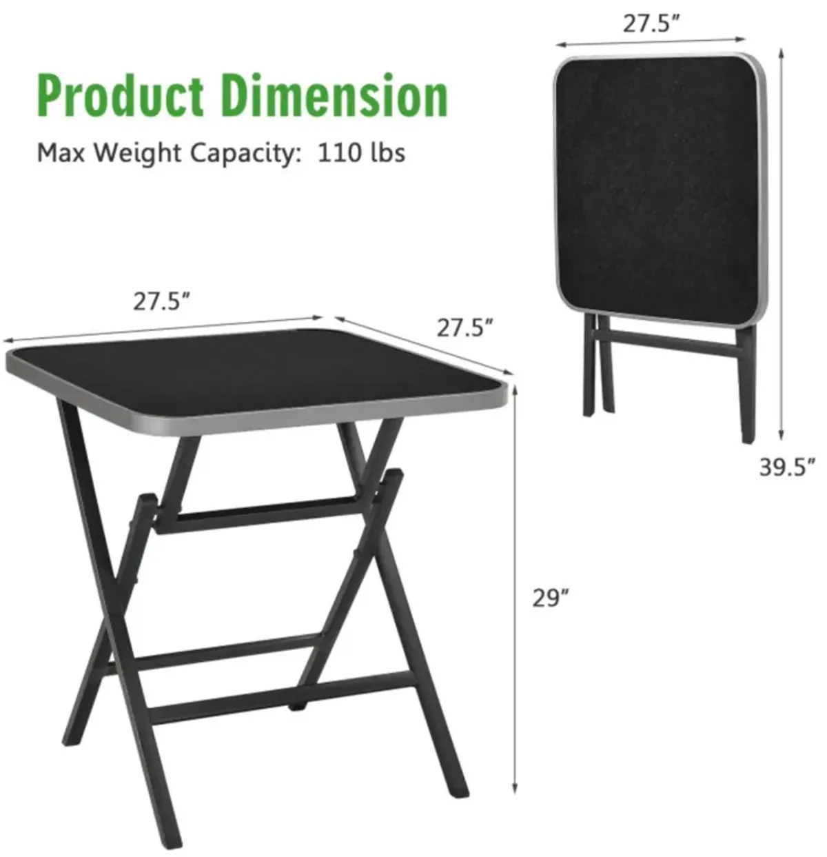 Hivvago Patio Folding Square Dining Table with Aluminum Frame and Tempered Glass top