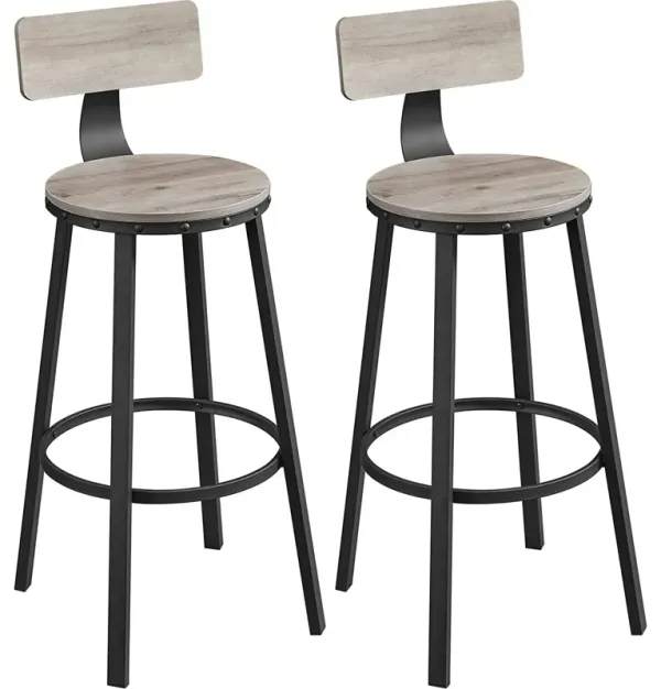 Ann 29 Inch Wood Bar Stool, Paneled Back, Round Seat, Set of 2, Warm Gray-Benzara