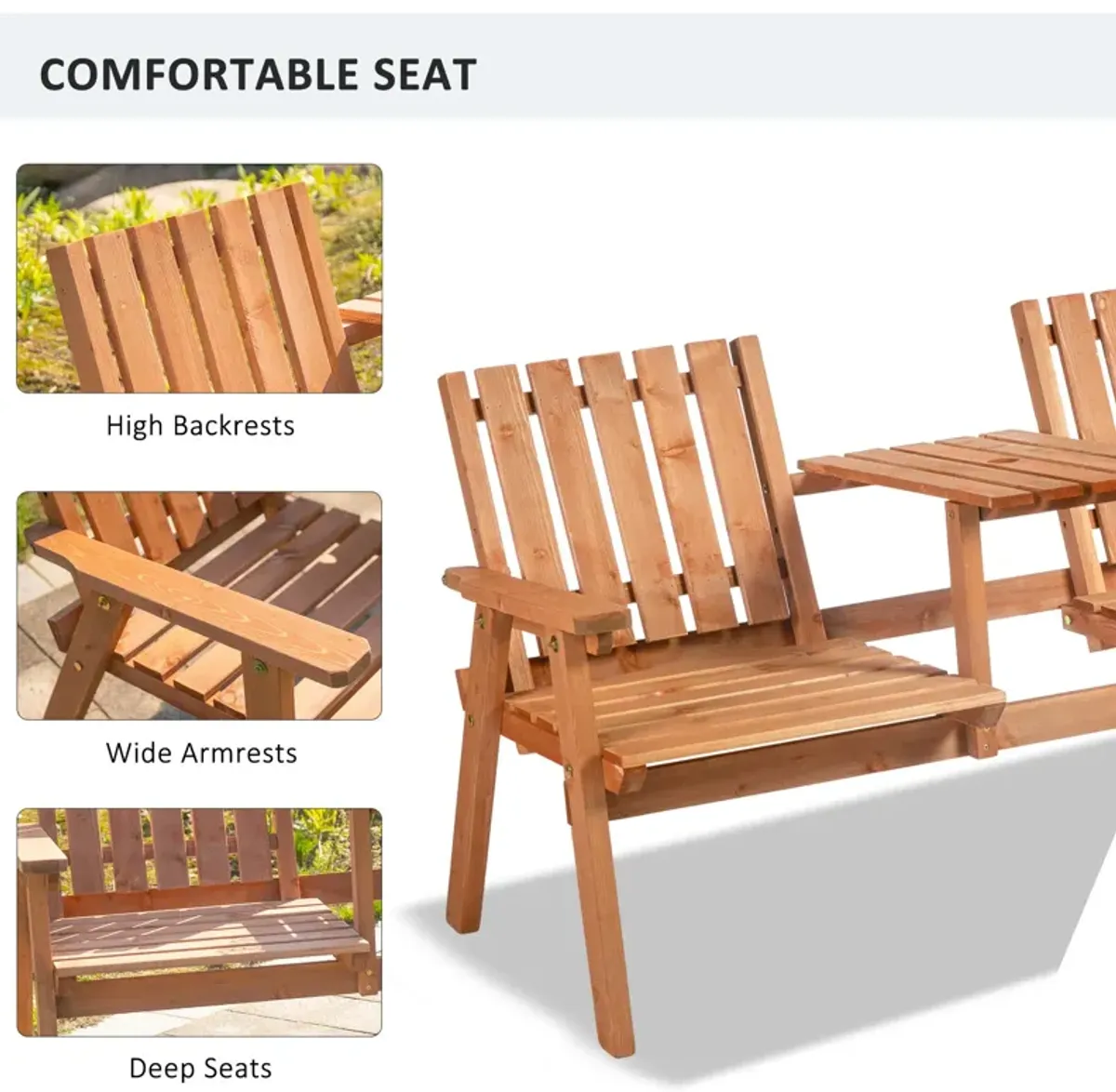 Orange Patio Love Seat: Wooden Bench with Center Table & Umbrella Hole