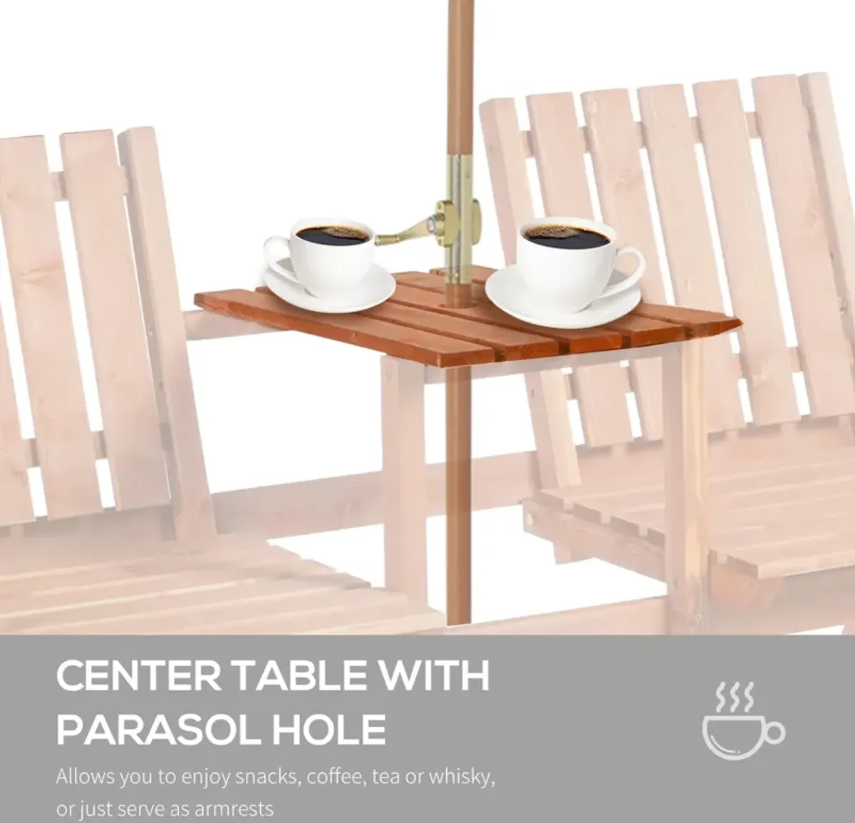 Orange Patio Love Seat: Wooden Bench with Center Table & Umbrella Hole